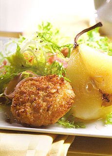 Poached Pears On Fris�e With Macadamia Crusted Buttermilk Blue Affin�e