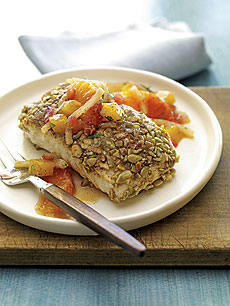 Pepita-Crusted Halibut With Blood Orange Jicama Chutney