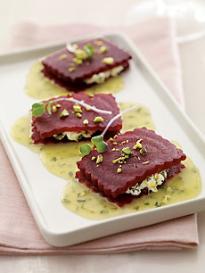 Goat Cheese Beet Ravioli With Tarragon-Orange Sauce