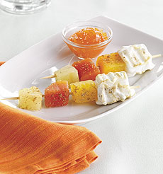 Cardamom-Scented Tropical Fruit & Marshmallow Skewers With Apricot Sauce